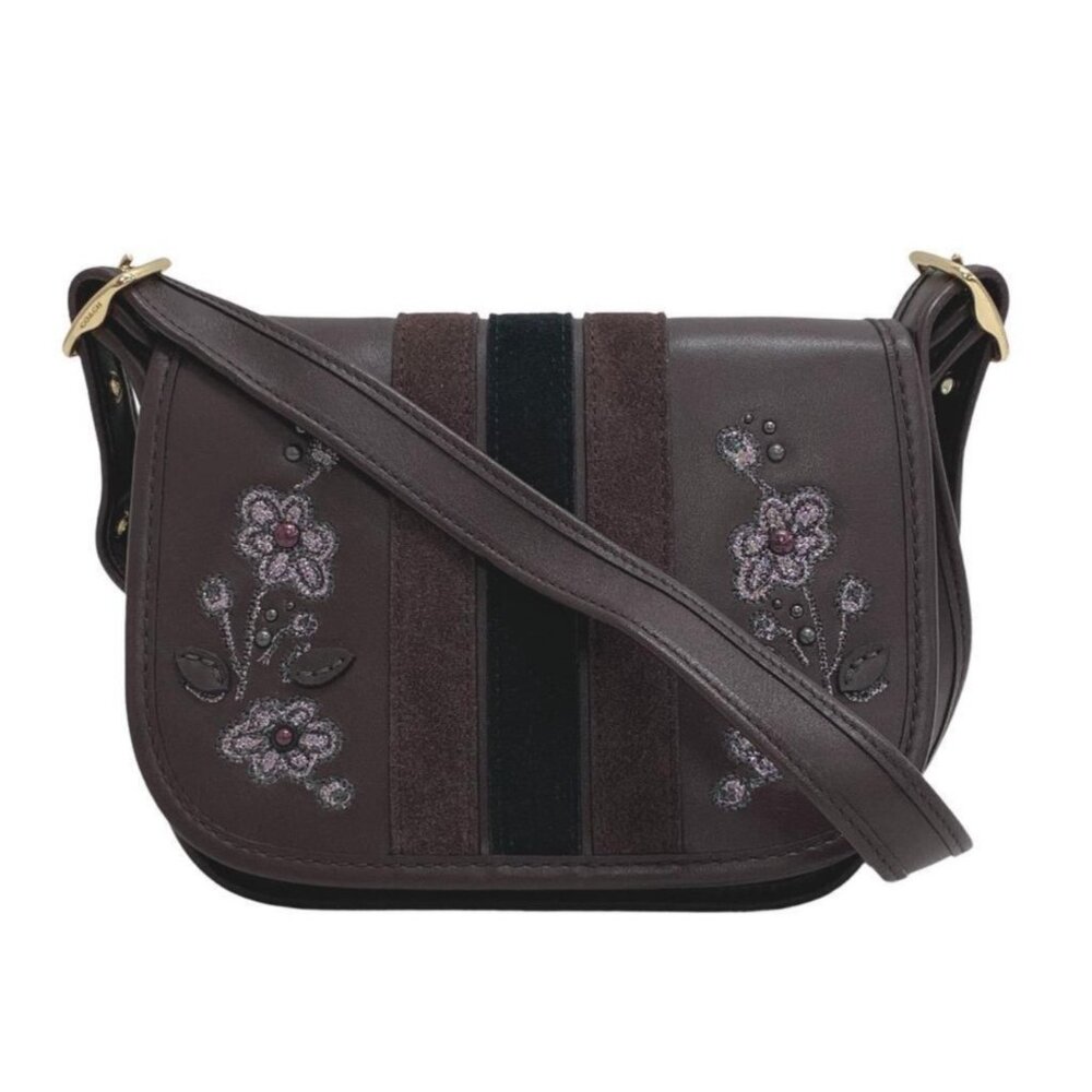 Embroidered Floral Crossbody Bag in Dark Brown